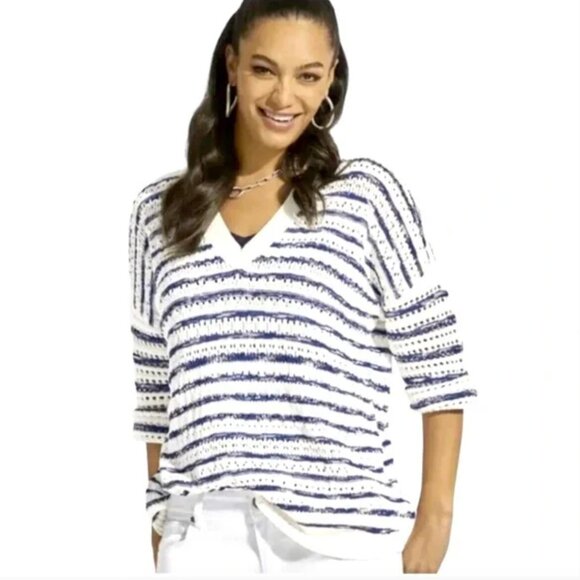 Cabi Peace Pullover Navy White Stripe Sweater V Neck - Picture 1 of 11